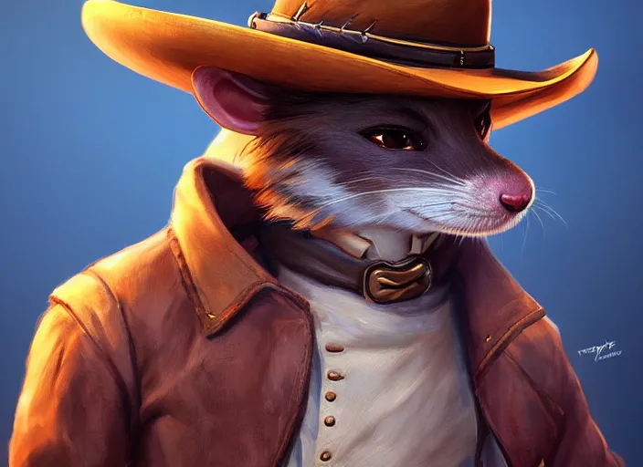 Image similar to character portrait feature of the anthro male anthropomorphic rat fursona wearing cowboy outfit wild west desperado character design stylized by charlie bowater, ross tran, artgerm, makoto shinkai, detailed, soft lighting, rendered in octane