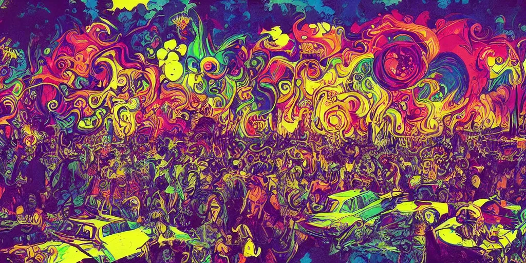 Prompt: magnificent picture of 1969 Woodstock, Hippie vibe, psychedelic detail, digital art, artstation, smooth, sharp