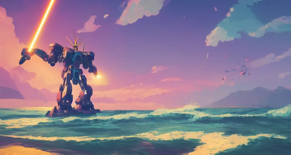 Image similar to A serene coast with a GIANT MECHA GUNDAM, wizard, bright sunny waves splashing on the beach, rendered by Simon Stålenhag, rendered by Beeple, Makoto Shinkai, syd meade, environment concept, digital art, Gundam style, Star Wars, unreal engine, 3 point perspective, WLOP, trending on Artstation, low level, 4K UHD image, octane render, DALL-E 2