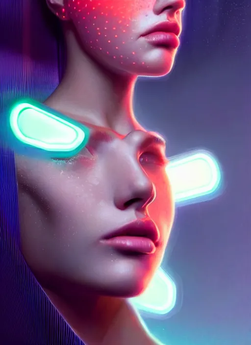 Image similar to photorealistic an american female humanoid with freckle cheeks, cyber neon lightings, futurism, cyberpunk high fashion, elegant profile pose, intricate details, crispy quality, digital photography, trending in artstation, trending in pinterest, no watermark signature, cinematic, 4 k ultra hd, art by artgerm, art by greg rutkowski, art by pascal blanche