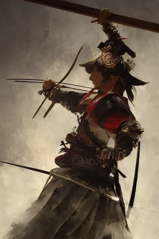 Image similar to Japanese samurai archer, portrait, fierce, intricate, elegant, volumetric lighting, scenery, digital painting, highly detailed, artstation, sharp focus, illustration, concept art, ruan jia, steve mccurry