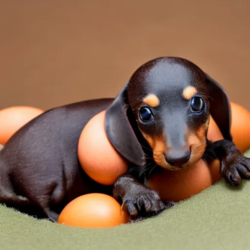 Image similar to baby dachshunds hatching from eggs : : nature photography : : highly detailed