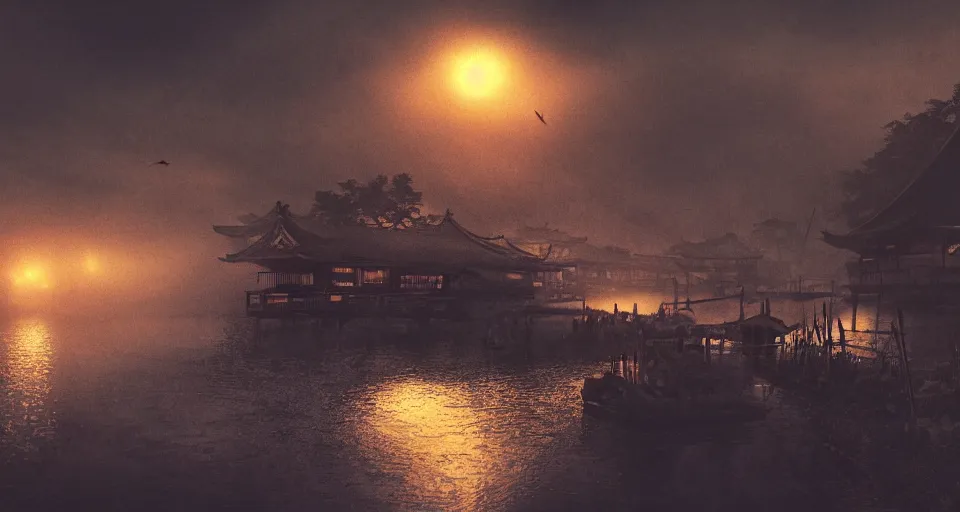 Prompt: An old Japanese fishing village at night, evil, demonic, enchanting, misty, haze, cloudy, angelic, flowers, nature, environment concept, cinematic, cgsociety, dim and dark lighting, cinematic, intricate details, 8k detail post processing, hyperealistic, photo realism, by Stephen King