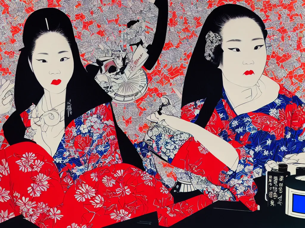 Image similar to hyperrealistic composition of the detailed woman in a japanese kimono sitting at a poker table with detailed darth vader, fireworks, mount fuji on the background, pop - art style, jacky tsai style, andy warhol style, acrylic on canvas