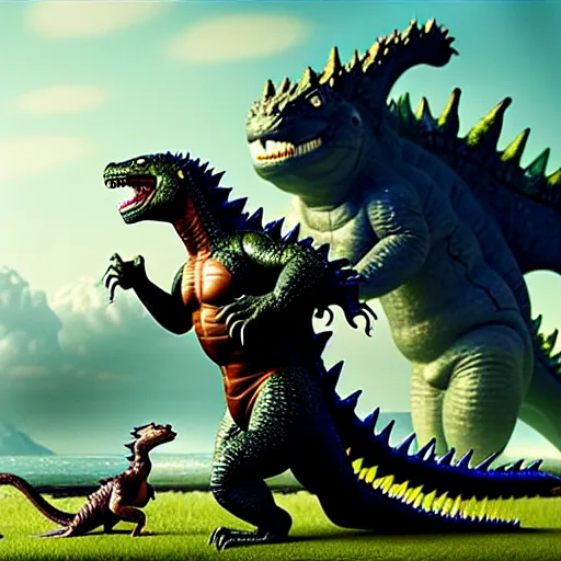 Image similar to godzilla fighting a giant muscular squirrel and a giant gay lizard in a field, 4 k, detailed, smooth lighting, art by greg rutkowski, intense lighting