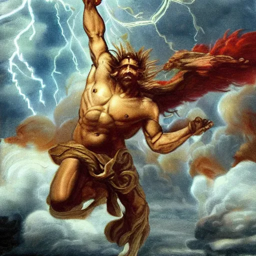 Prompt: zeus throwing down his thunderbolts upon the earth, apocalyptic imagery, anger, nature's cycles, the end and the beginning, renewal, beauty, various angles, various art styles