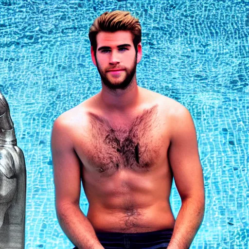 Image similar to a realistic detailed photo of a guy who is an attractive humanoid who is half robot and half humanoid, who is a male android, actor liam hemsworth, shiny skin, posing like a statue, blank stare, by the pool, on display