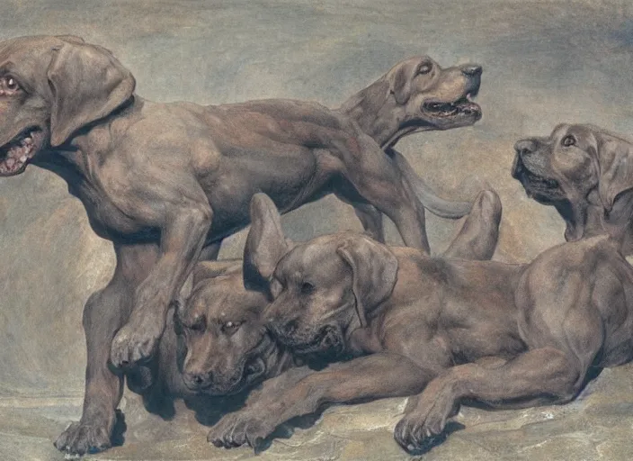 Image similar to hyperdetailed matte art of a three headed dog cerberus by william blake, ilya repin, amano, rene magritte, craig mullins, three headed dog cerberus, details