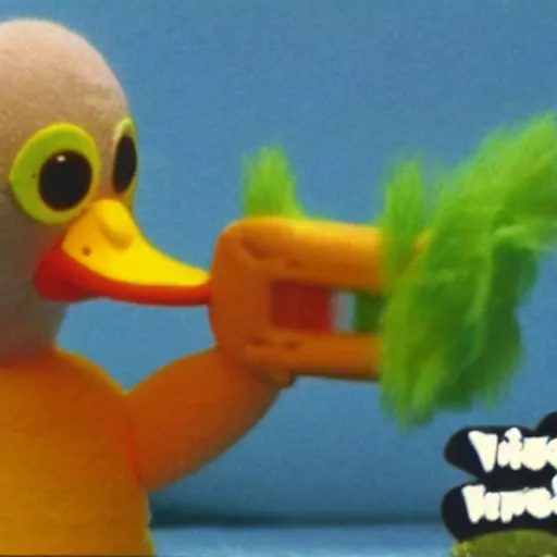 Image similar to duck creature, toy commercial from the 90s, vhs footage, haunted