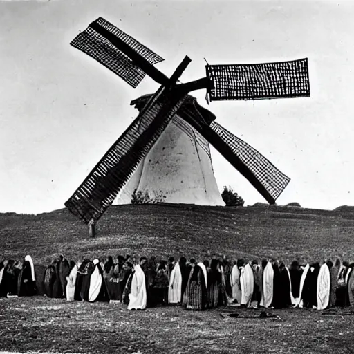 Image similar to worshippers dressed in robes belonging to the cult of the windmill. Dilapidated 1800s windmill. 1800s photo. Very detailed and clear image.