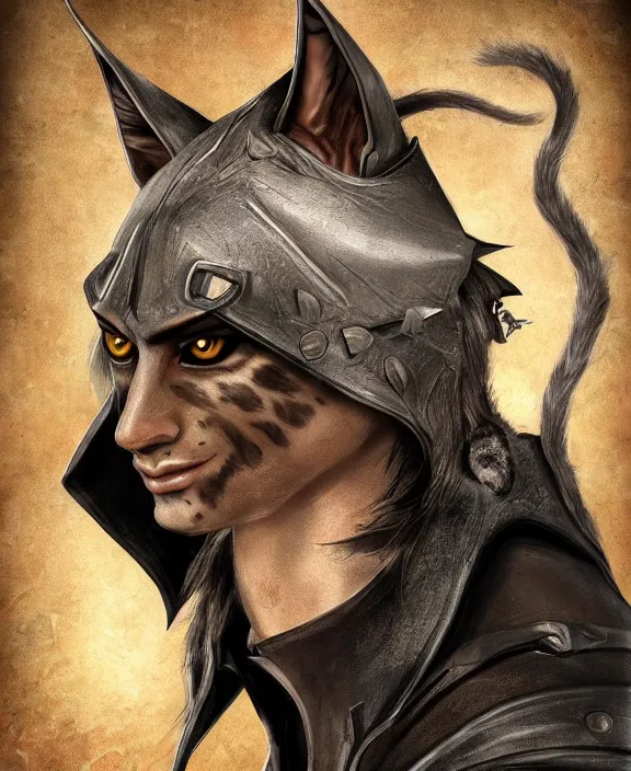 Image similar to humanoid male khajiit rogue with a scar on left eye, wearing leather armor with a hood, mainecoon cat features with jet black fur, far - mid shot, magic the gathering, fantasy