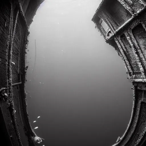 Image similar to an underwater photograph of a rusty complex underwater structure, submechanophobia, eerie, creepy, surreal, dark, void,