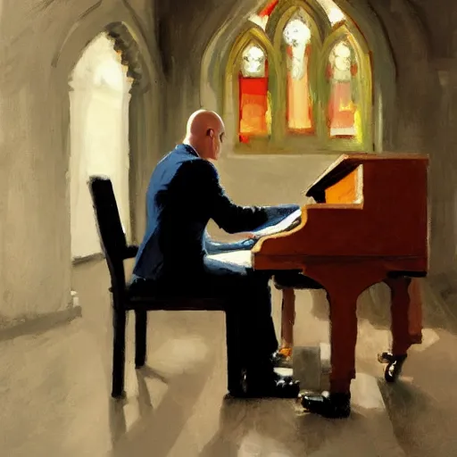 Prompt: a portrait of agent 4 7 playing a piano next to a white coffin in a monestary by gregory manchess, james gurney, james jean