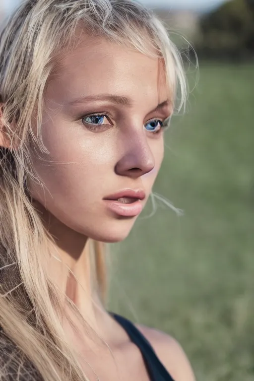 Image similar to olive skinned dirty blonde female model in her twenties, wearing a lacey designer top, looking content, focused on her neck, photo realistic, extreme detail skin, natural beauty, no filter, slr, golden hour, 4 k, high definition, selfie