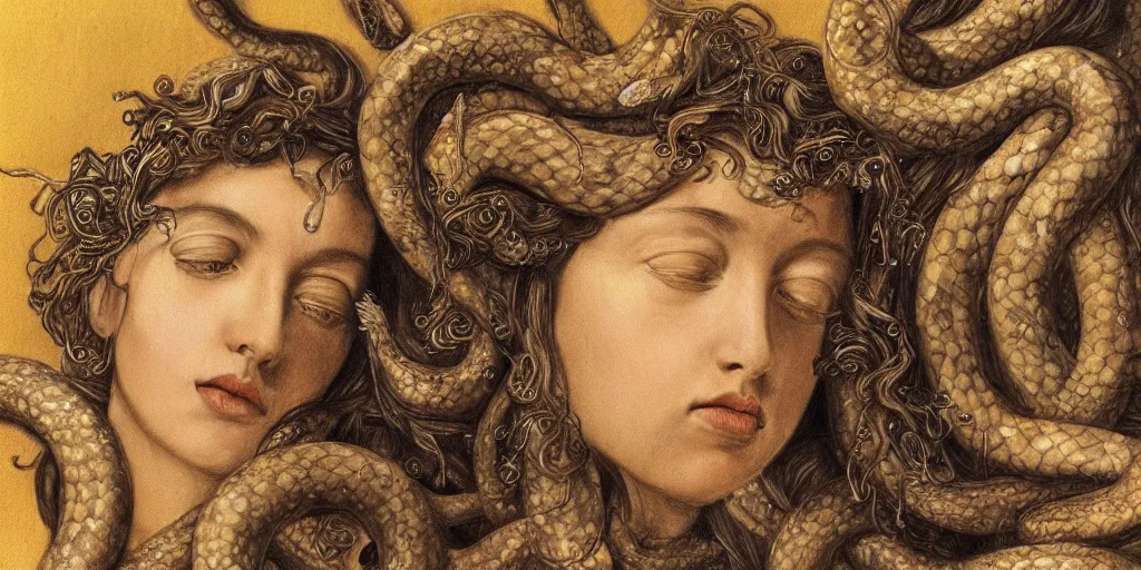 Image similar to realistic portrait of medusa with her snakes, golden, delicate, hyper realism, 1 4 5 0, ink, ultra realistic, 8 k