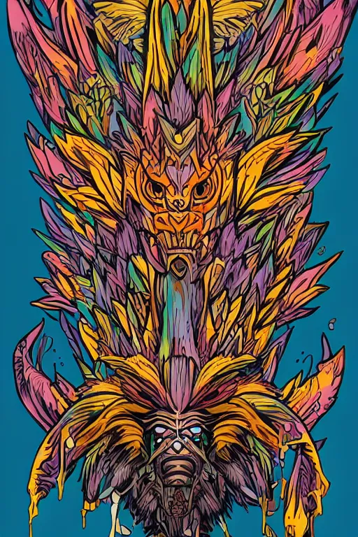 Image similar to animal mask totem roots flower tribal feather gemstone plant wood rock shaman vodoo video game vector cutout illustration vivid multicolor borderlands comics by josan gonzales and dan mumford radiating a glowing aura