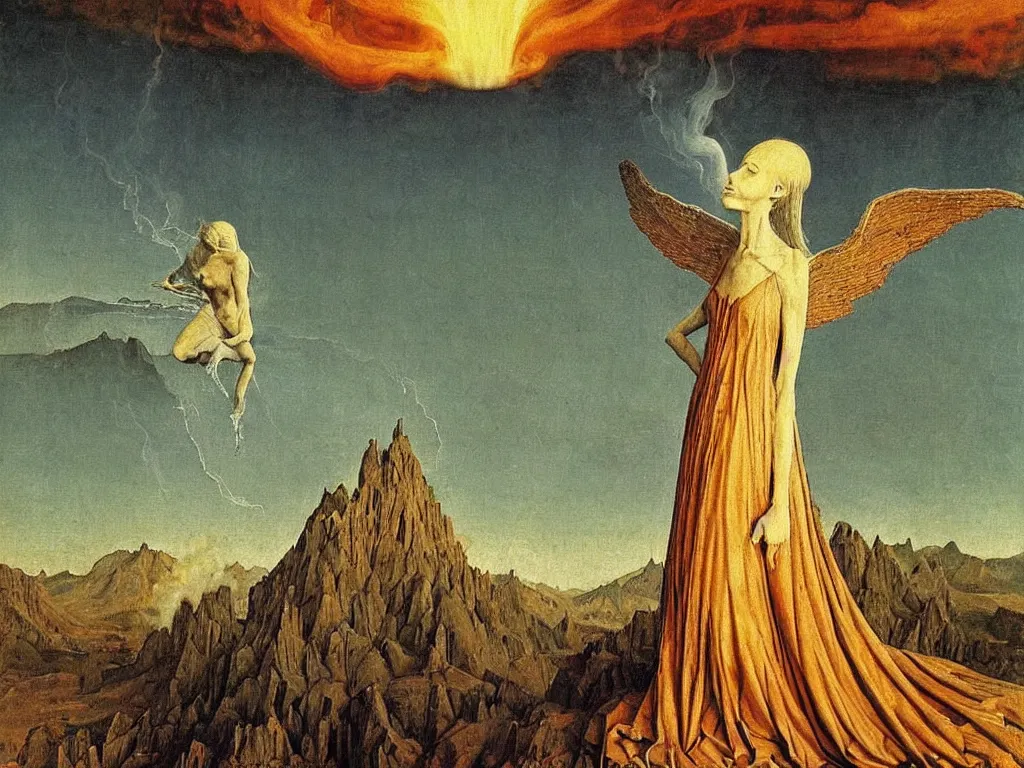 Image similar to Portrait of terrifying insectoid albino angel with nuclear explosion, dark, toxic smoke. Icy surreal mountains at night. Painting by Jan van Eyck, Fra Filippo Lippi, Rene Magritte, Agnes Pelton, Max Ernst, Beksinski