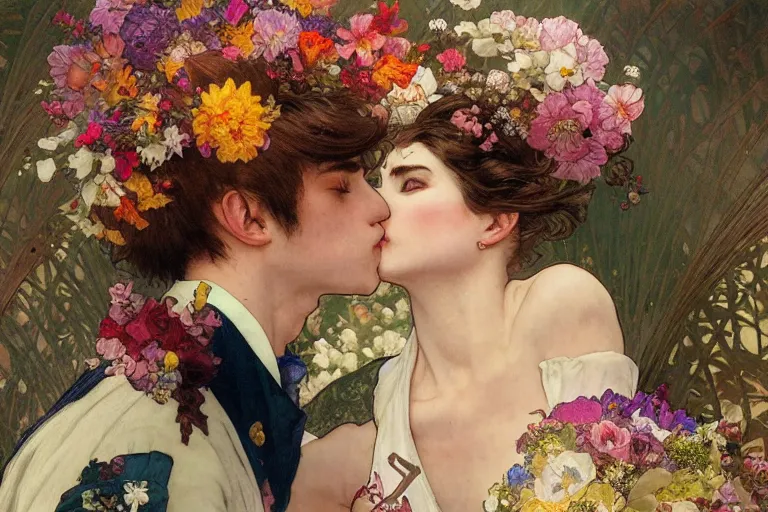 Image similar to the groom kisses the bride at a wedding full of flowers, bright and happy, dreamlike art, highly detail, 4 k realistic, wedding photoy krenz cushart. artem demura. alphonse mucha. yoji shinkawa artgerm. jon lothian. danilo torres. adi meyers. thomas reimann. gaston bussiere.