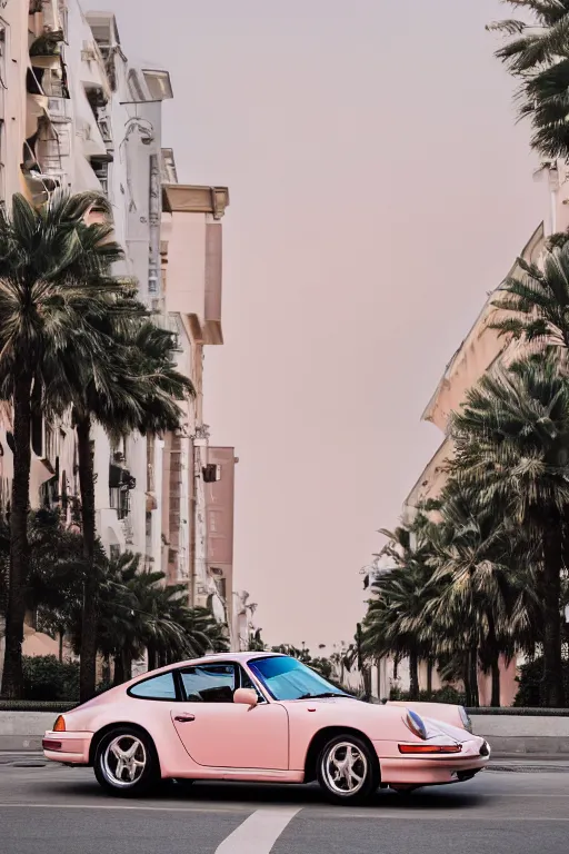 Prompt: Photo of a light pink Porsche 911 Carrera 3.2 with Rodeo drive in the background in the background, wide shot, poster, rule of thirds, photo print, golden hour, daylight, vibrant, volumetric lighting, award winning