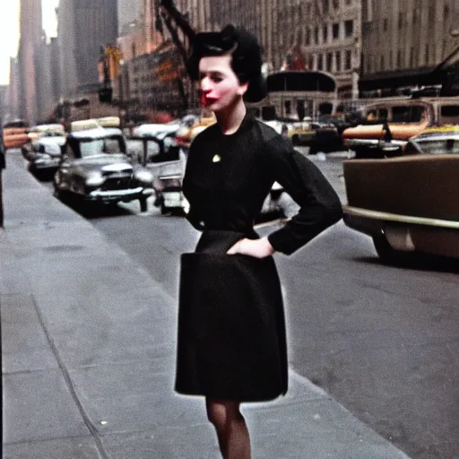Image similar to Kodachrome of a young fashionable woman in 1950s New York