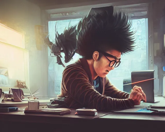 Image similar to an insanely detailed painting of a nerdy asian man wearing a superhero costume, sitting at a desk, staring at the nervously at the computer and typing, in the style of peter mohrbacher, dramatic lighting and composition, surreal background, octane render, pixar, trending on artstation, concept art, comic book, view from behind