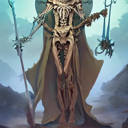 Image similar to Tall skeleton overlord, covered with royal robes, magic caster, wide shoulders, evil aura, full body shot, digital pencil art, fantasy, isekai, art by artgerm and greg rutkowski and alphonse mucha