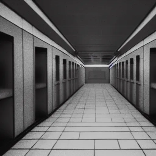 Prompt: holding cells in underground lab, sterile, clean, cinematic, liminal space, unreal engine, in-game screenshot, cctv footage, black and white, blurry