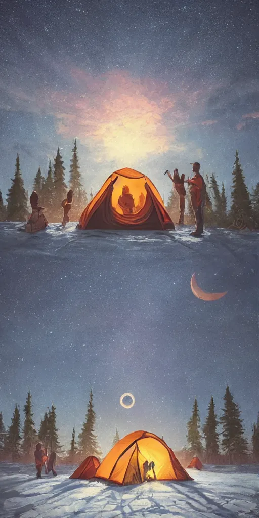 Image similar to symmetry!! they are tent camping by the campfire under a sky full of stars, surreal landscape, golden hour, very detailed, perfect composition, perfect lighting, 4 k, trending on artstation, greg rutkowski, derek zabrocki, artgerm, chuck close