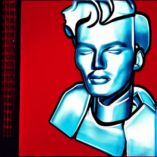 Image similar to a robot with the face of andy warhol, cyberpunk painting, award winning portrait, uncanny valley, dramatic lighting, detailed face, sharp focus, neon lighting