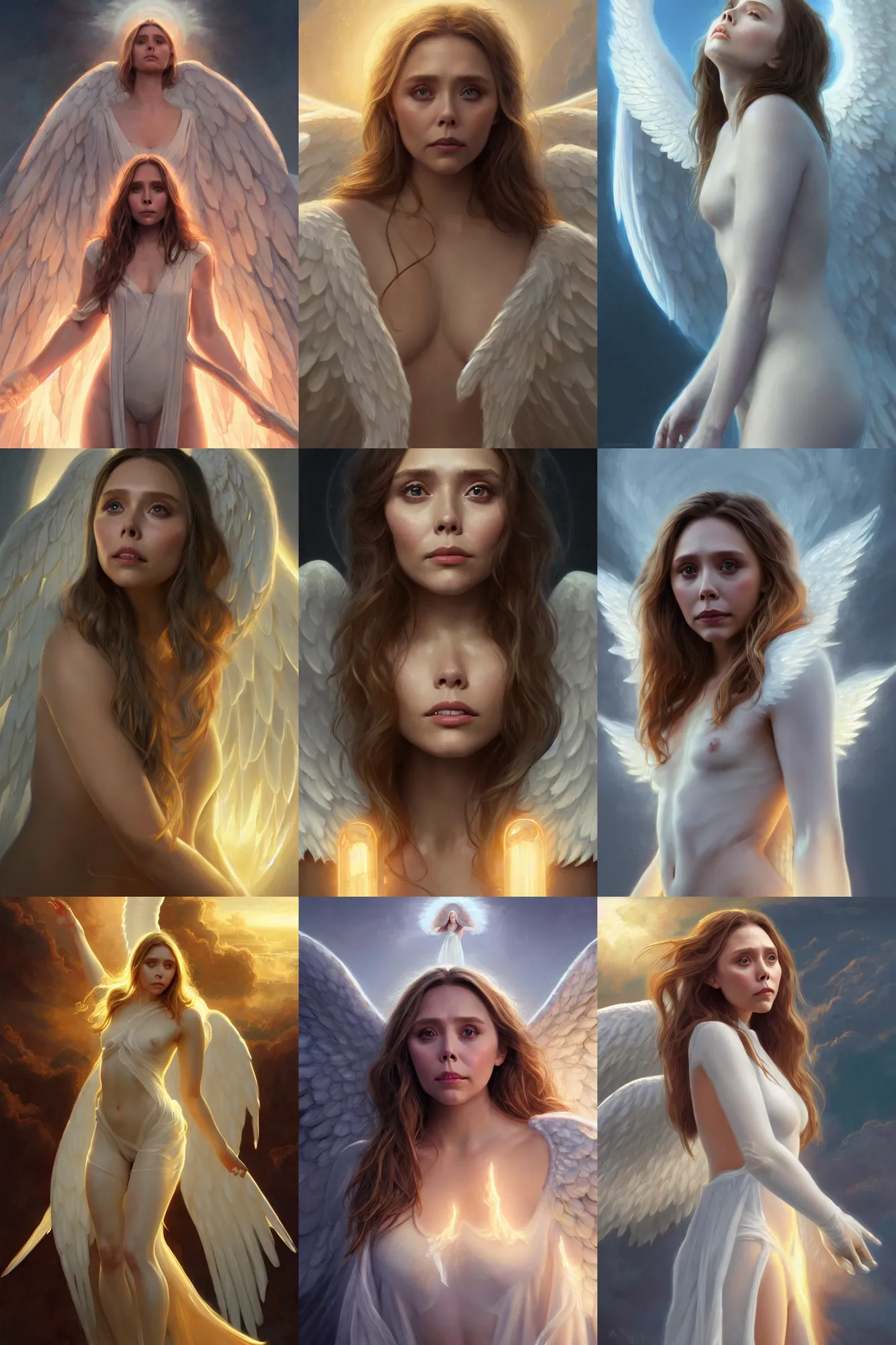 Prompt: elizabeth olsen as a heavenly angel, anatomy, bathing in light, highly detailed, digital painting, artstation, concept art, smooth, sharp focus, illustration, unreal engine 5, 8 k, art by art by artgerm and greg rutkowski and edgar maxence