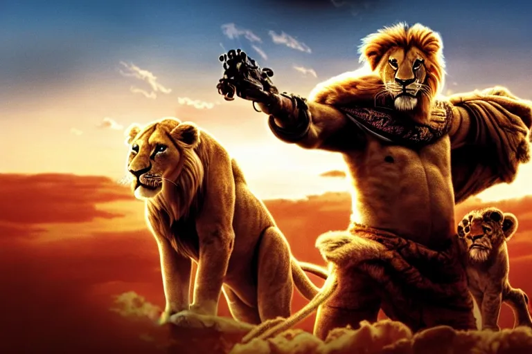 Image similar to simba ( from the lion king ), heavily armed and armored facing down armageddon in a dark and gritty reboot from the makers of mad max : fury road : witness me