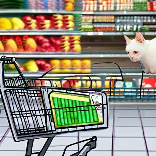 Prompt: a cat shopping for groceries at a supermarket, photorealistic, high detail