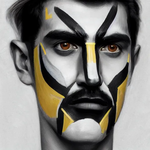 Image similar to an award finning closeup facial portrait by akseli kallen gallela luis rogyo and john howe of a handsome male cyberpunk traveller clothed in excessivelyg fashionable 8 0 s haute couture fashion and wearing a striking geometric face paint