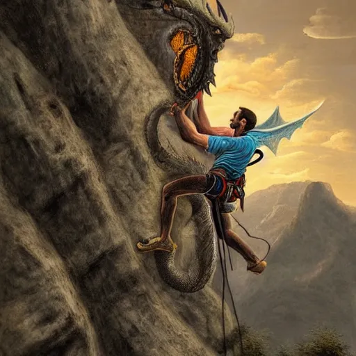 Image similar to rock climber climbing a giant ancient dragons skull, very detailed, fantasy art, dungeons and dragons, belaying, ropes, landscape, cover of national geographic