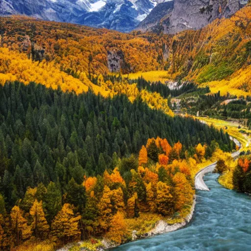 Image similar to Beautiful alpine city, located between a river and the mountains, during autumn, photorealistic, 8k,