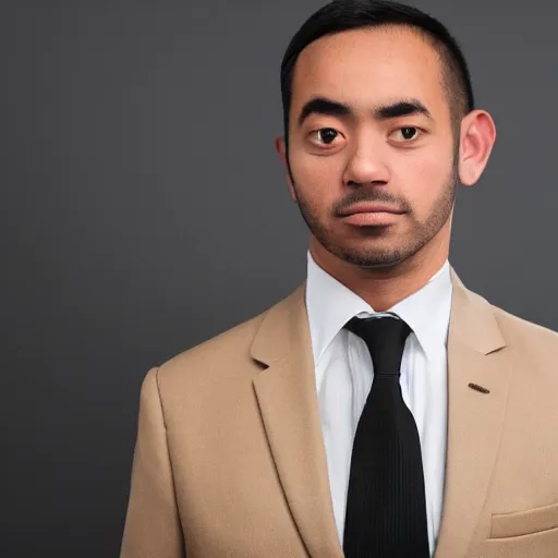 Prompt: a desperate man with a blurry head stands against a dark beige background wearing a jacket and white tie.