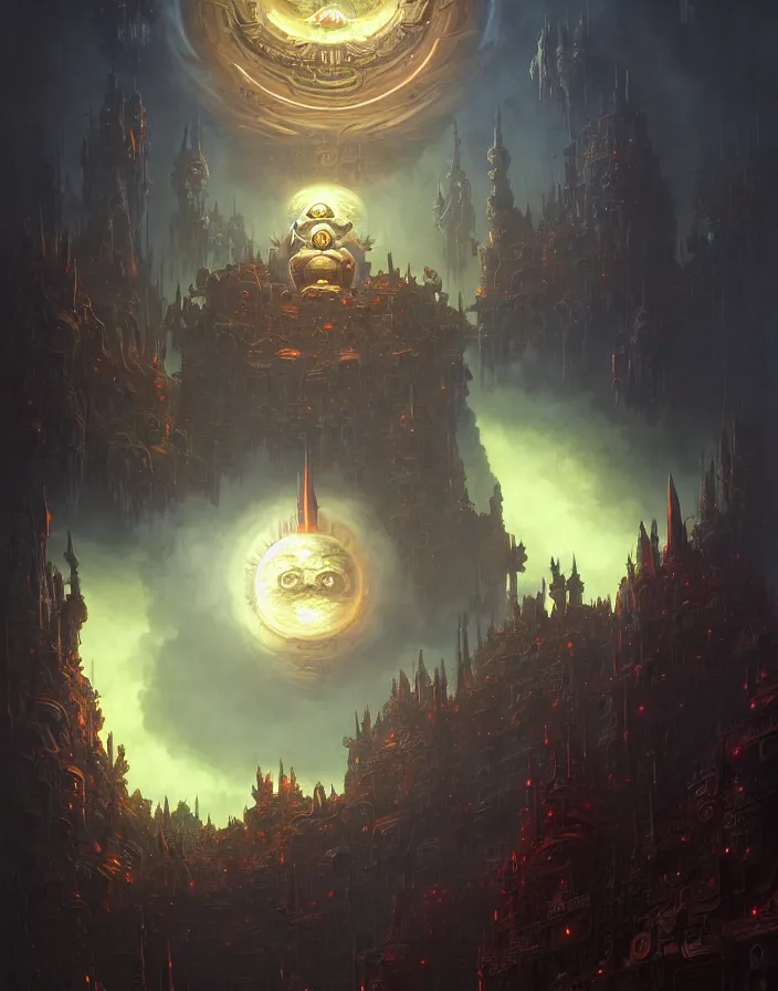 Image similar to highly detailed, intricate, stunningly beautiful matte painting of cyber hell full of demons, huge glowing sun, by shaun tan and peter mohrbacher