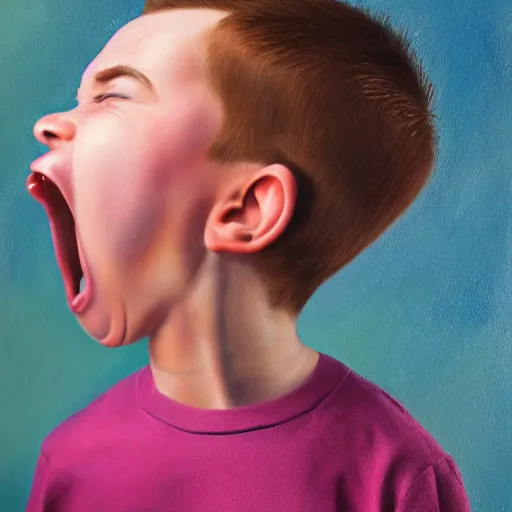 Image similar to Beautiful painting of a kid with cup cut hair, Big head, Big mouth, blushing scream and criyng in his room 50 mm studio lighting