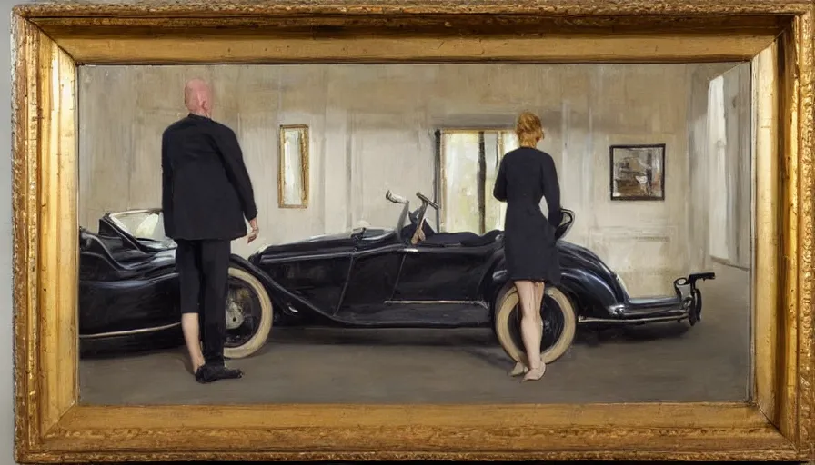 Prompt: painting by borremans, man back standing in front on the mirror and blond woman in cabriolet car sitting, detailed, stunning