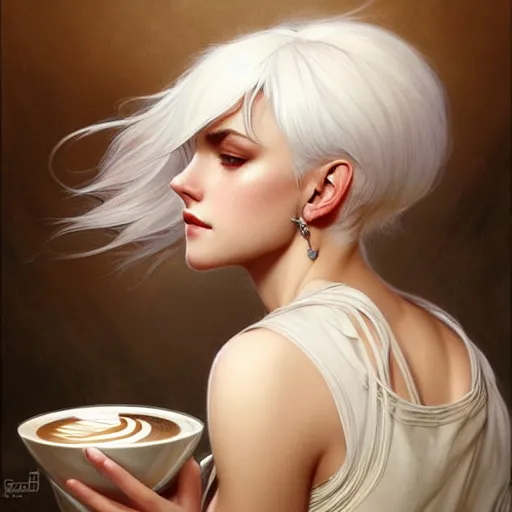 Prompt: a beautiful girl with white hair and bangs, sitting in a cafe, fantasy, intricate, elegant, highly detailed, digital painting, artstation, concept art, matte, sharp focus, illustration, art by Artgerm and Greg Rutkowski and Alphonse Mucha