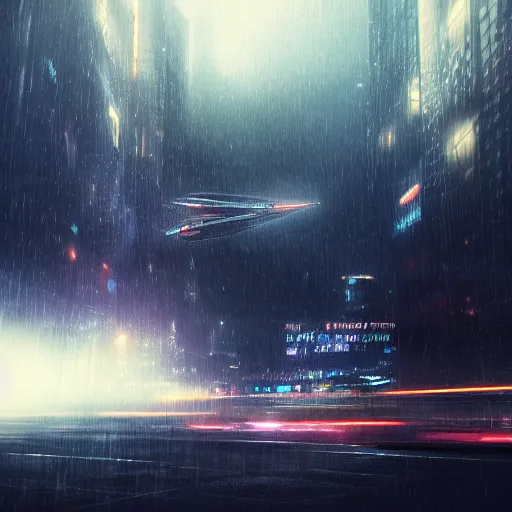 Image similar to rain, giant futuristic cyberpunk spaceship flying, blade runner, dense fog, bloom, cinematic contrasted lighting, ultra detailed, trending on artstation