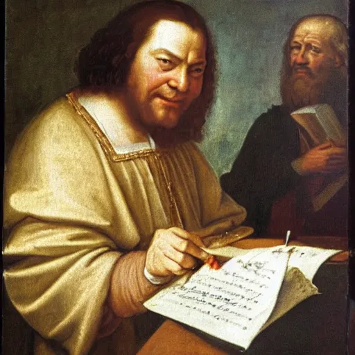 Image similar to a renaissance painting of bach, he is smiling at the camera and writing a piece of music on a sheet.