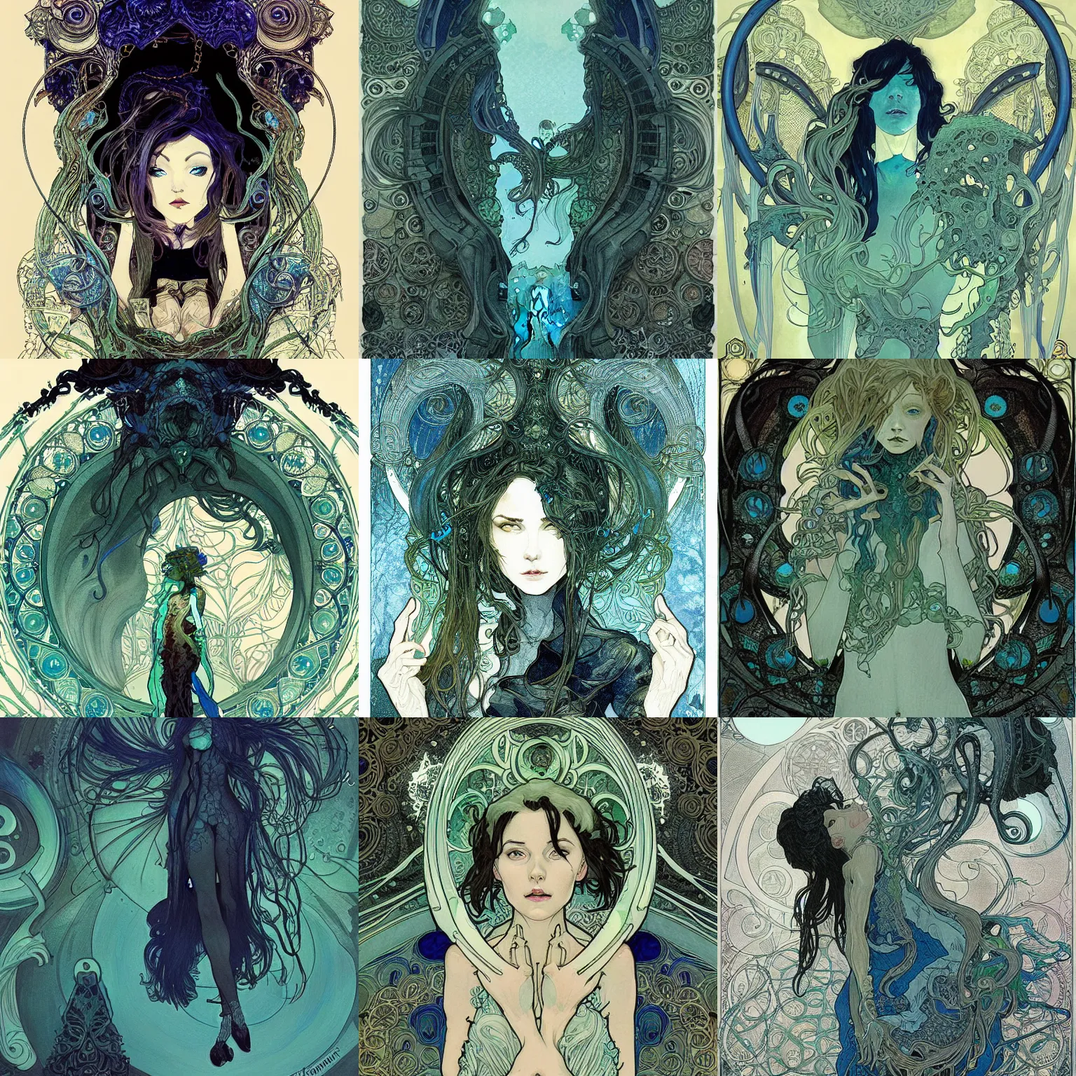 Prompt: portal to a lovecraftian dimension, highly detailed, gloomy, digital painting, trending on artstation, concept art, sharp focus, illustration, art by alphonse mucha and kaethe butcher and krenz cushart, black and blue and green color scheme