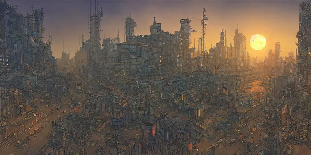 Prompt: ”a diesel punk city vista, Twilight, city lights, reflections, glares, perspective sky, HD, 8k, in the style of Katsuhiro Otomo, Ian mcque”