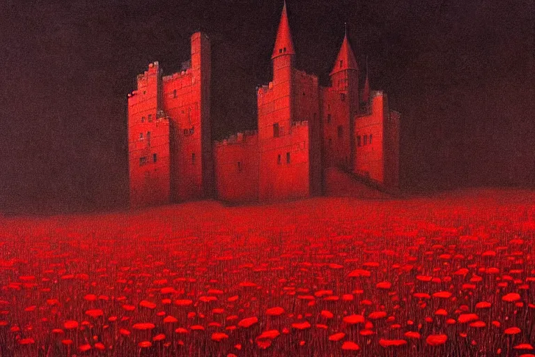 Image similar to only with red, red flowers, a red tiger, a castle in the background, medieval demons, an ancient path, in the style of beksinski, part by hopper, part by rodcenko, part by hofbauer, intricate composition, red by caravaggio, insanely quality, highly detailed, masterpiece, red light, artstation