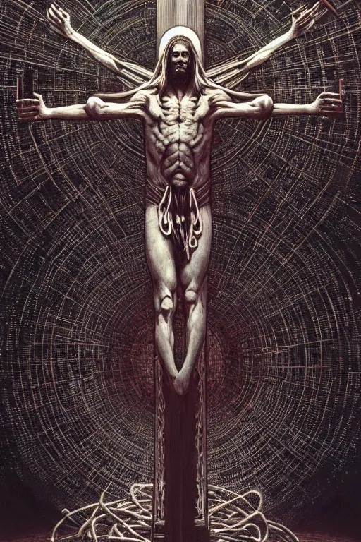 Image similar to full body shot of a cybernetic jesus on the cross, wires, cyberpunk art by beksinski and szukalski and giger and seb mckinnon and dan mumford and wlop and josan gonzalez, digital art, highly detailed, intricate, sharp focus, trending on artstation hq, deviantart, pinterest, unreal engine 5, 4 k uhd image