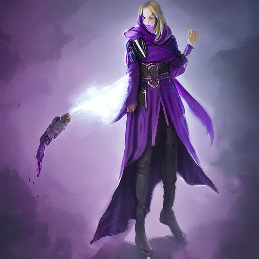 Prompt: full body, female warlock long hood cloak purple, fighting monster with magic, 8 k, trending on artstation by tooth wu and greg rutkowski