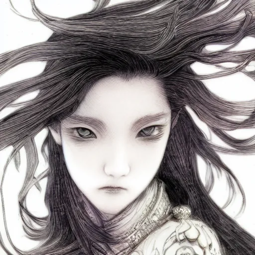 Prompt: yoshitaka amano blurred and dreamy realistic illustration of a japanese young woman with black eyes, wavy white hair fluttering in the wind wearing elden ring armor with engraving, abstract patterns in the background, satoshi kon anime, noisy film grain effect, highly detailed, weird portrait angle, blurred lost edges, three quarter view