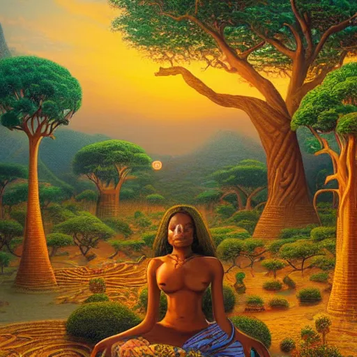 Prompt: a stunning aftican woman with a golden glow meditating in an african zen garden with a baobab tree at sunset, by dan mumford and thomas kinkade, oil on canvas