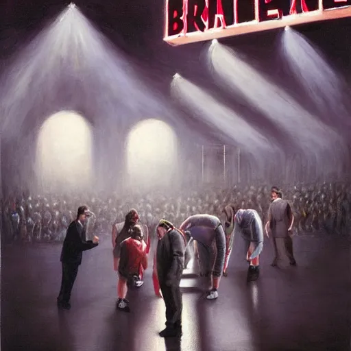 Image similar to A painting of Boulevard of Broken Dreams by Gottfried Helnwein, with WWF wrestlers from the 1980's, dynamic lighting